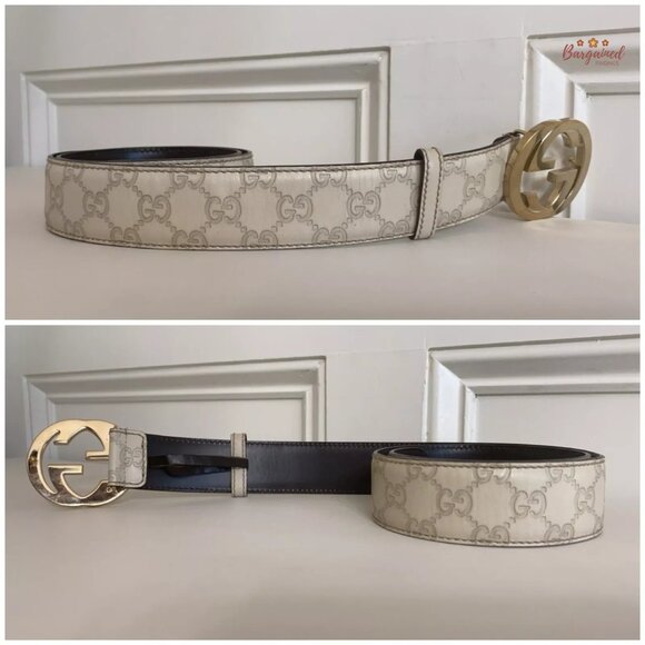 Authentic Gucci Cream Guccissima Leather Gold Interlocking G Buckle Belt 85/34 - Picture 10 of 12